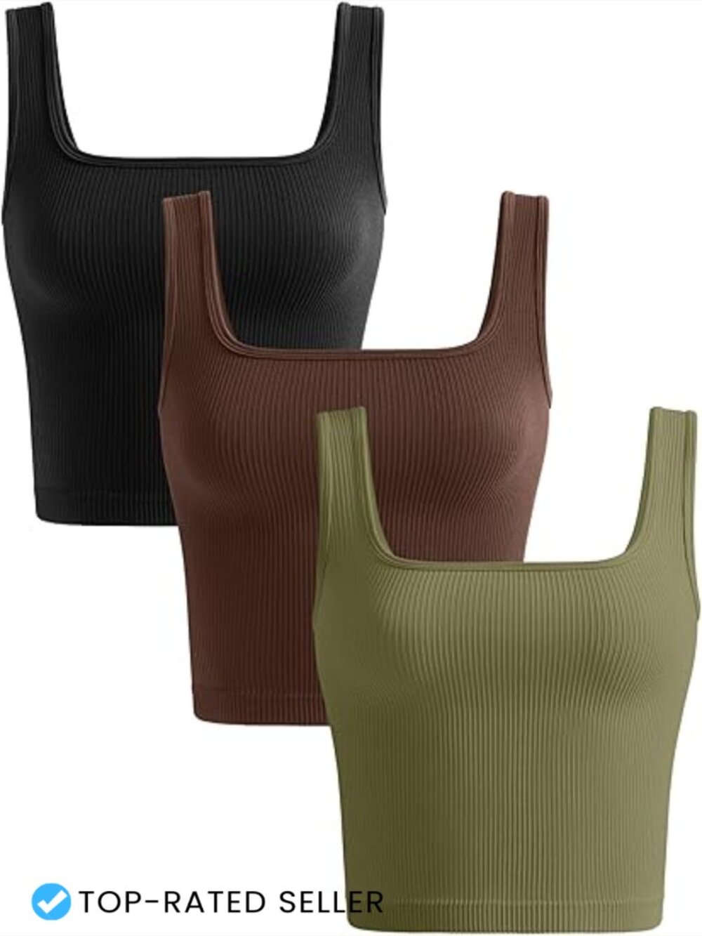 Seamless Ribbed Crop Tank Tops 3 Pack Square Neck Fitted Workout Yoga